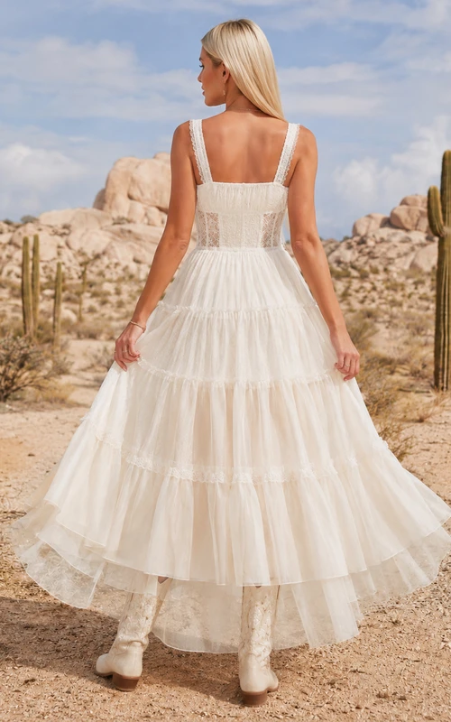 Tiered High-Low A-Line Bridal Dress with Square Neck Straps and Ruffle Skirt Romantic Casual