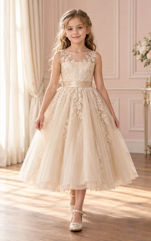 Tea-length Champagne Floral A-line Tulle Sleeveless Illusion-Neck Bow-back Flower Girl Dress