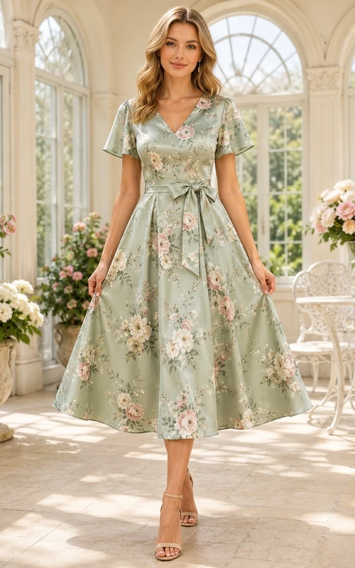 Robe bohème en mousseline de soie à imprimé floral sauge, col en V, manches courtes, longueur thé, coupe trapèze, col en V et manches courtes