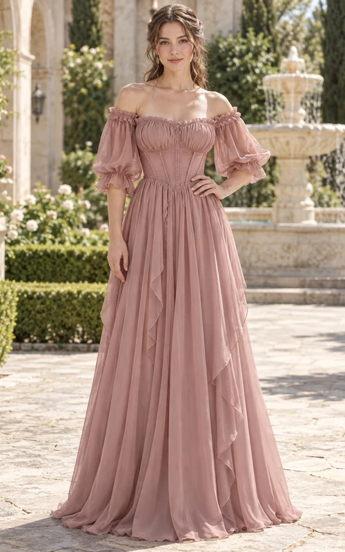 Robe corset en mousseline rose poudré Renaissance à épaules dénudées et manches bouffantes