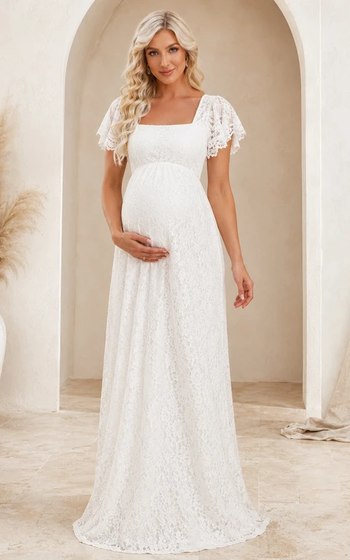 Lace Square-Neck Short-Sleeve A-Line Bridal Maternity Wedding Dress