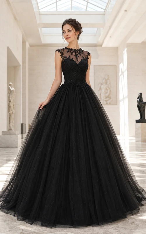 Black High Neck Illusion Tulle Ball Gown Wedding Dress