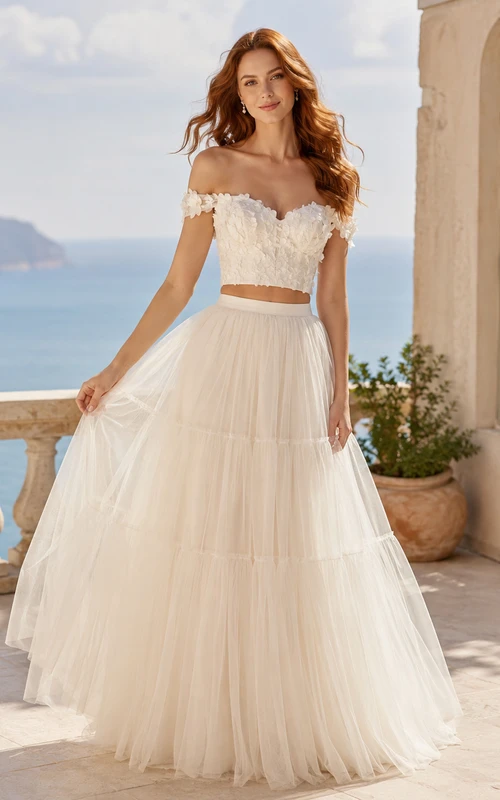 Beach Lace Tulle Wedding Dress Two Piece Off Shoulder Short Sleeve Sweep Train Bridal Gown