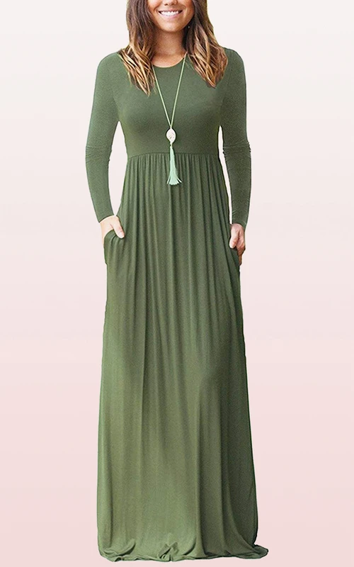 Robe d'invitée élégante en jersey à manches longues, coupe bateau et poches