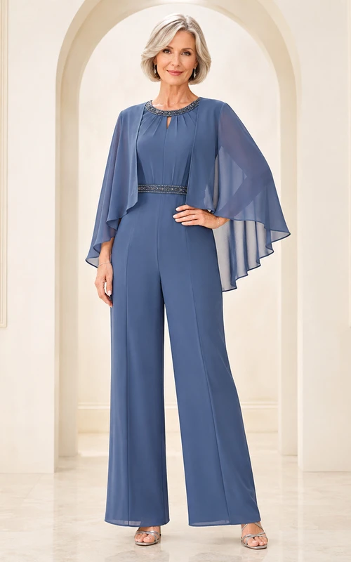 Steel Blue Mother Pantsuit with Chiffon Cape, Beaded Waist and Wide Leg Pants