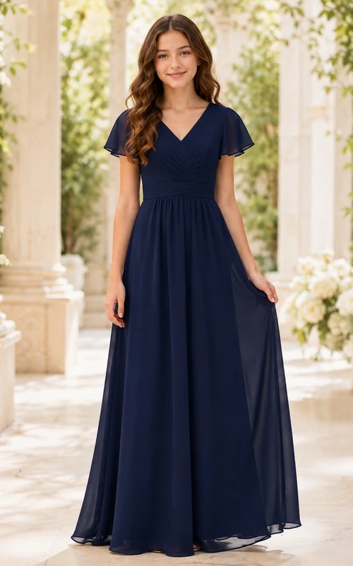 Dunkelblaues Brautjungfernkleid für junge Frauen, A-Linie, bodenlang, V-Ausschnitt, kurze Ärmel, verspielte Details, romantisch