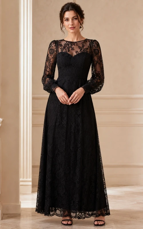Black Romantic Sweetheart Lace-Chiffon Long-Sleeve A-Line Floor-Length Evening Dress