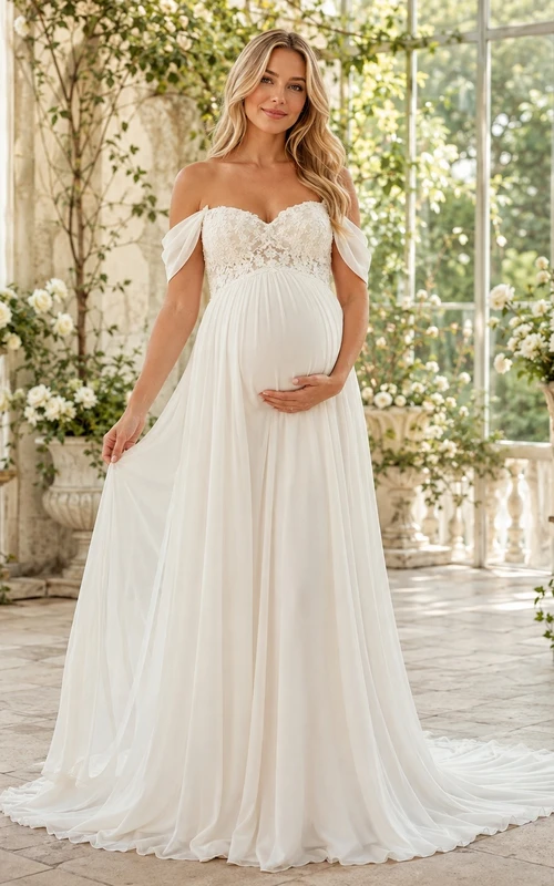 Vestido de novia romántico de maternidad con hombros descubiertos y corte imperio hasta el suelo
