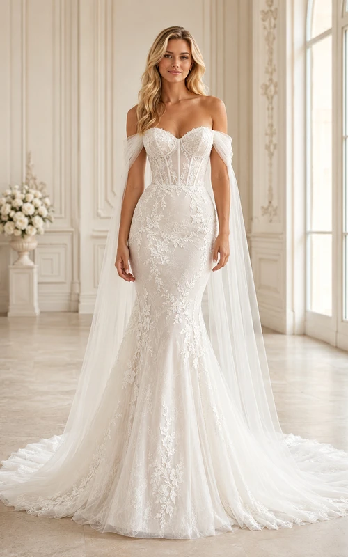 Robe de mariée sirène en dentelle florale à épaules dénudées et manches cape, luxe, traîne chapelle