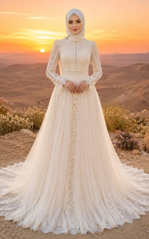 Boho Muslim Long Sleeve Lace High Neck Desert Wedding Dress