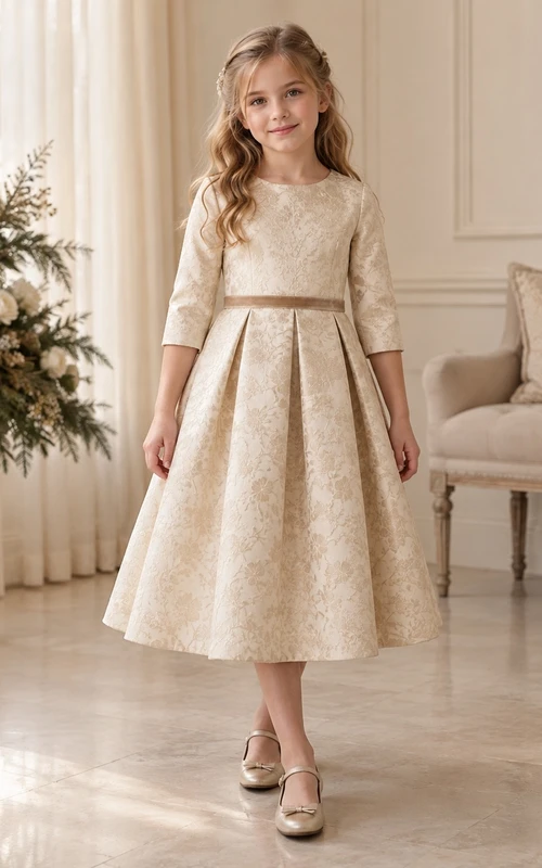 Champagnerfarbenes, plissiertes Blumenmädchenkleid mit floralem Jacquardmuster, Dreiviertelärmeln und Teelänge