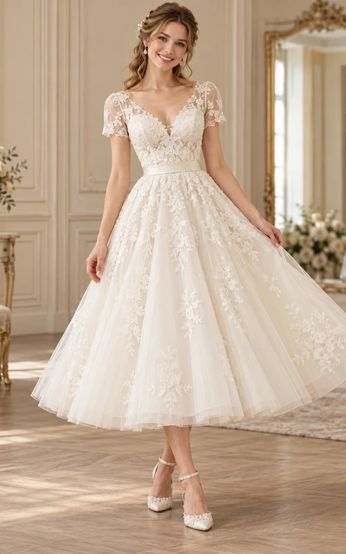 Vintage Tea-Length V-Neck Cap Sleeve Floral Tulle Wedding Dress