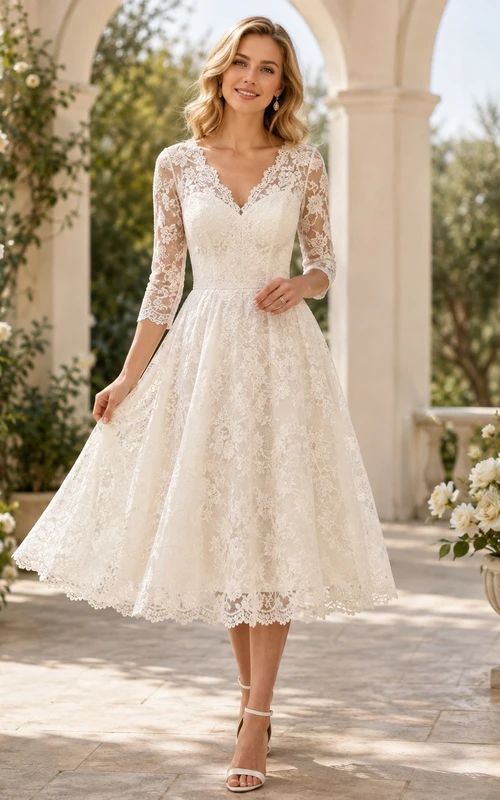 Vestido de novia de manga larga, largo midi, de encaje y corte en A para renovación de votos