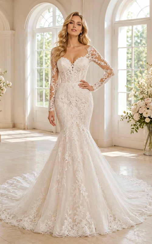 Robe de mariée sirène en dentelle raffinée, asymétrique, à une épaule et une manche, avec traîne chapelle et applications florales, dos nu plongeant en V.