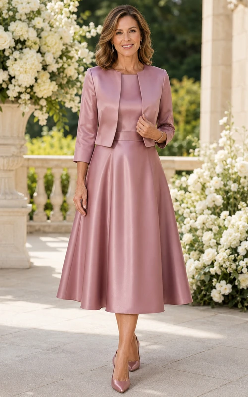 Mauvefarbenes Satin-Kleid in Teelänge und A-Linie mit passender Jacke