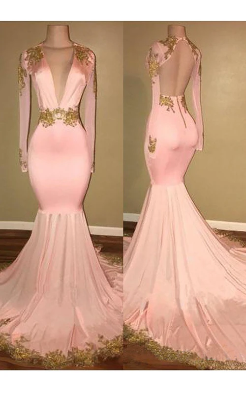 Robe sirène trompette en satin à col V, manches longues et dos nu