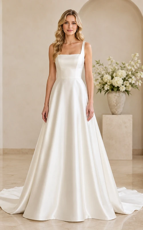 Vestido de novia de satén con escote cuadrado y corte en A, estilo capilla.