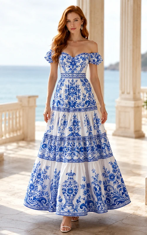 Blue Porcelain Print Off Shoulder Tiered Maxi Dress