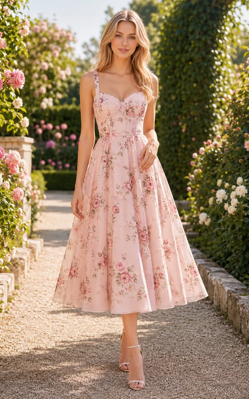 Robe midi trapèze à fines bretelles et imprimé floral rose poudré, idéale pour une garden-party.