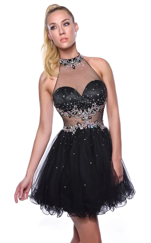 Robe de bal courte sans manches à col montant en tulle ornée de cristaux