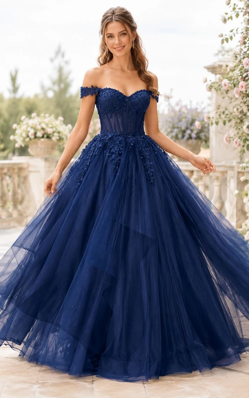 Romantic Dark Navy Tulle Ball Gown Floor-Length Off-Shoulder Straps Prom Dress