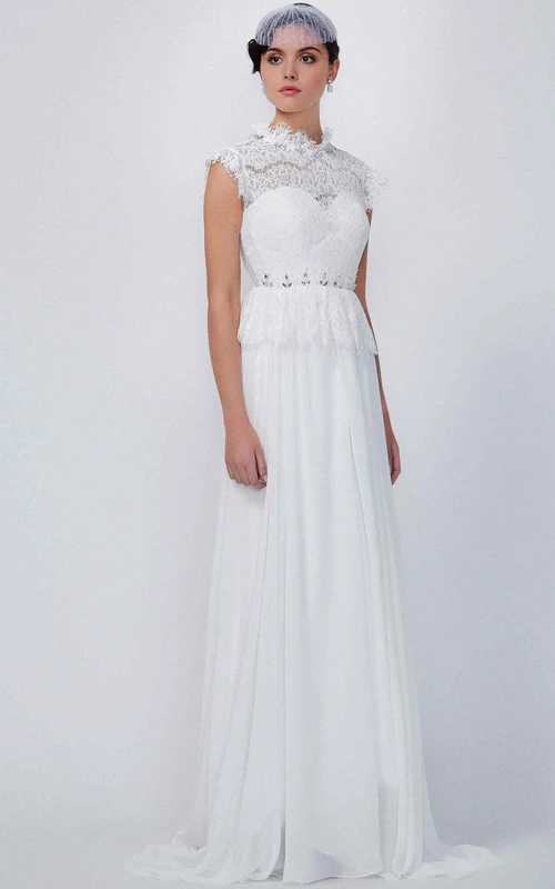Sheath Sleeveless Beaded Long High-Neck Chiffon&Lace Wedding Dress With Pleats