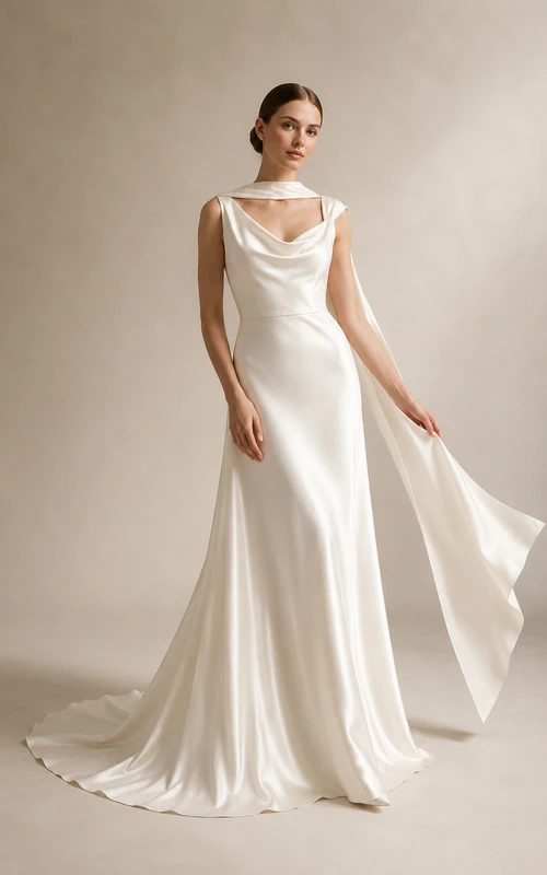 Vestido de novia de satén color marfil con cuello drapeado y drapeado tipo bufanda.