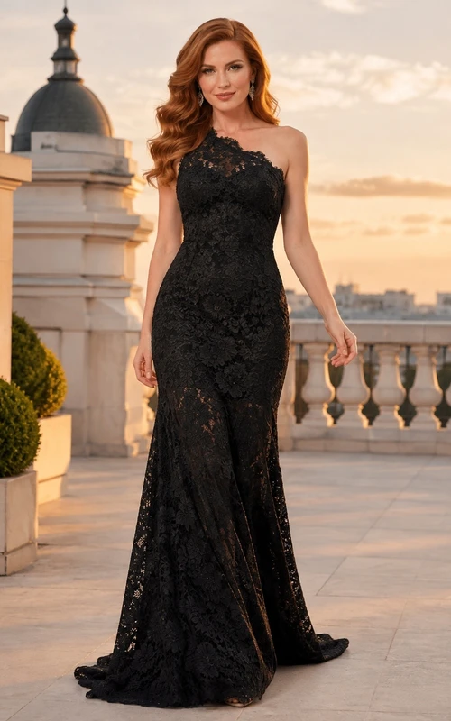 Sexy Black One-Shoulder Sleeveless Floor-length Lace Mermaid Formal Dress