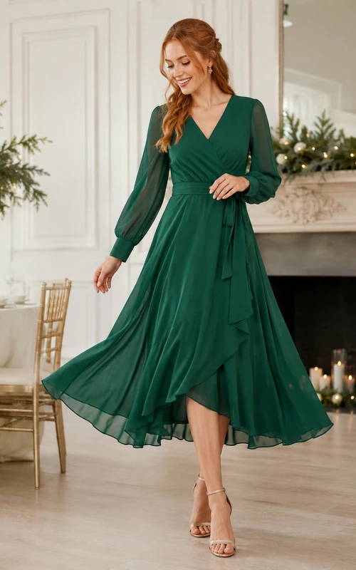 Vestido de invitada asimétrico de gasa verde oscuro con mangas cruzadas y estilo poeta.