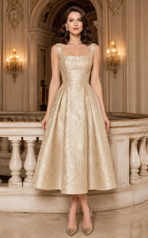 Champagne Formal Theater Wedding Guest Bridesmaid Cocktail Formal Dress A-Line Tea-Length Square Neck Strappy Sleeveless Satin Jacquard Strappy Back