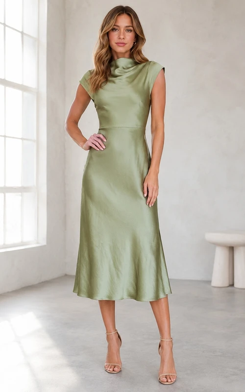 Robe midi fourreau en satin stretch vert sauge à manches courtes et col montant