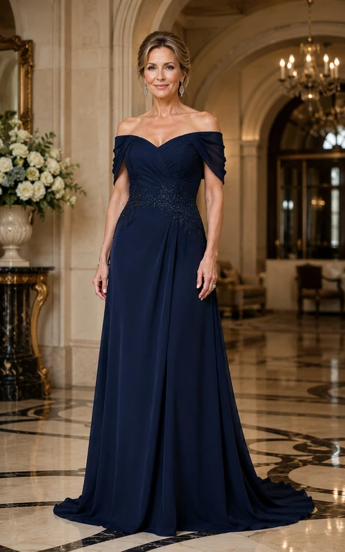 Vestido de gasa azul marino oscuro con escote Bardot y corte en A para madres