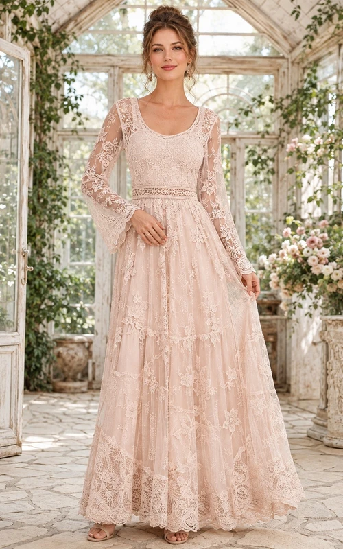 Boho Pearl Pink Square Neck Long Sleeve Tiered Lace Dress