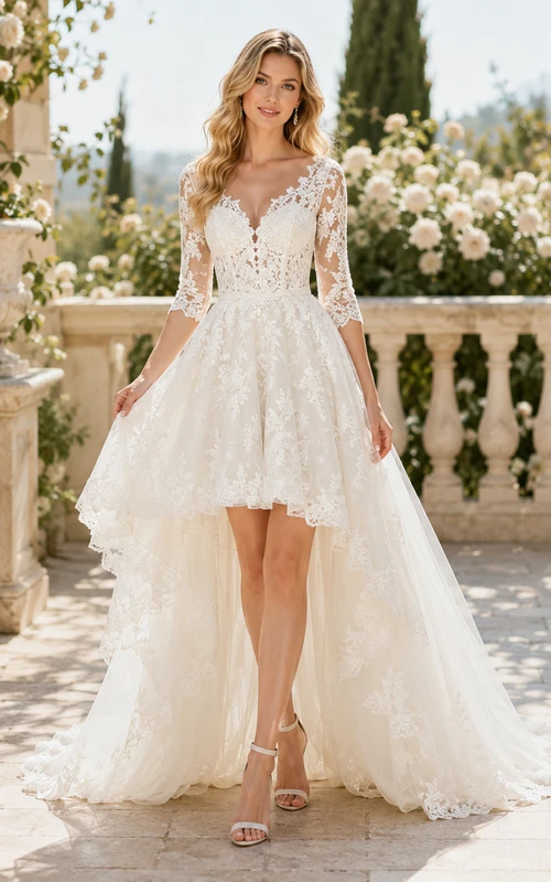 Vestido de novia romántico elegante de manga larga con escote en V asimétrico y encaje, ideal para bodas en el jardín.