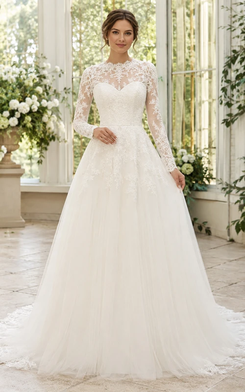 Vestido de novia modesto de encaje y tul, estilo princesa, con cuello joya, mangas largas y cola larga.
