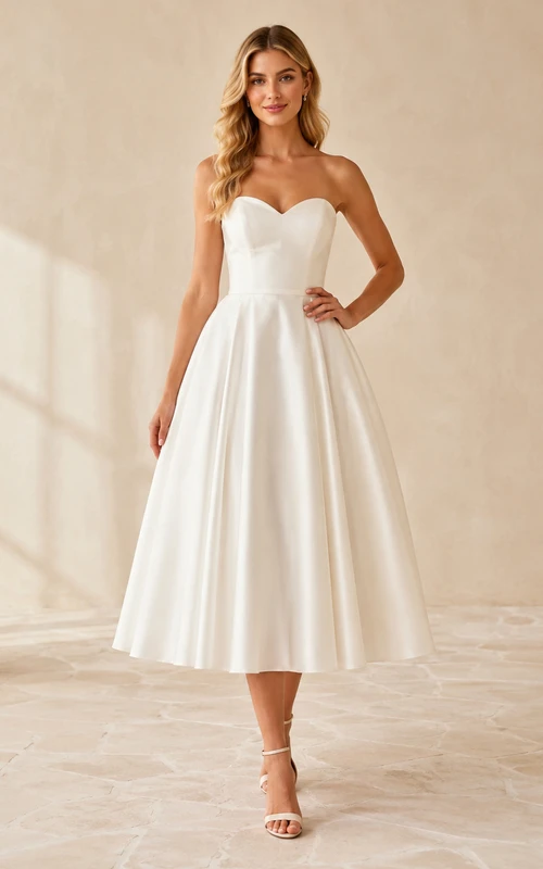 Elfenbeinfarbenes, trägerloses Cocktailkleid aus Satin in A-Linie und Teelänge mit Herzausschnitt, schlichter Stil für den Empfang