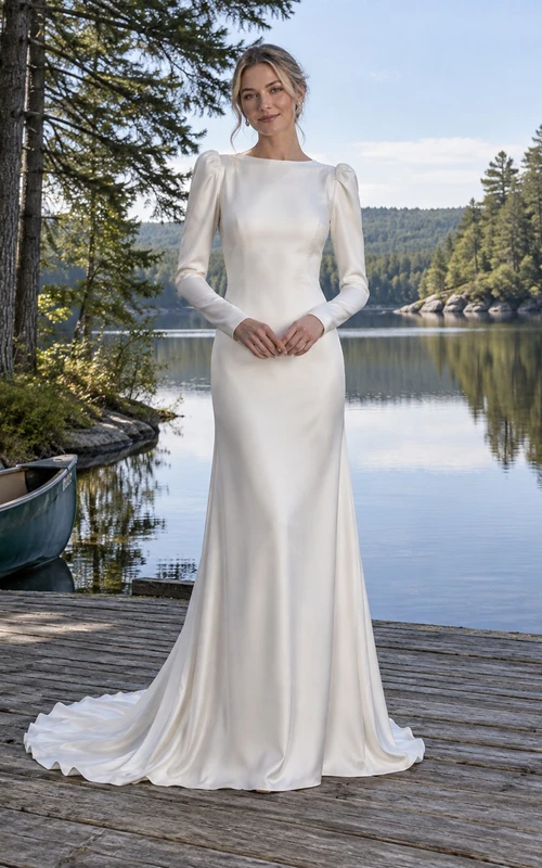 Brautkleid aus Charmeuse mit U-Boot-Ausschnitt, langen Ärmeln, geknöpftem Rücken und Schleppe
