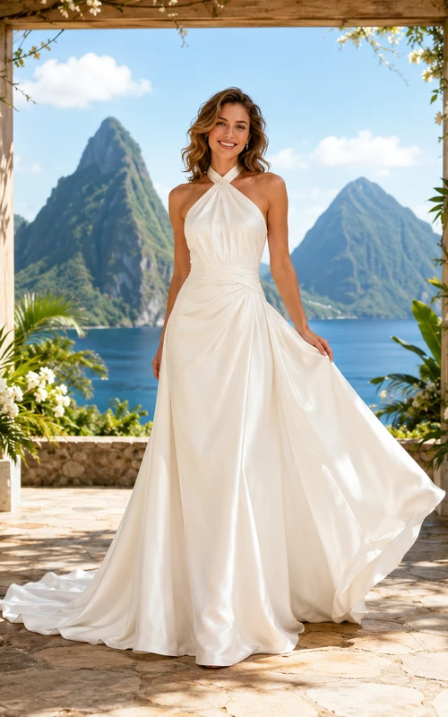 Robe de mariée de destination en satin plissé à col montant et traîne chapelle, ornée de plis et de satin, à col montant et dos nu