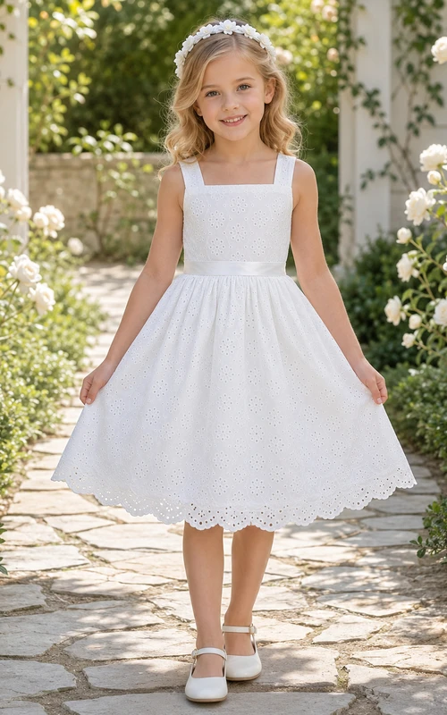 Adorable robe de demoiselle d'honneur champêtre en coton ajouré, col carré, sans manches, dos festonné et nœud, longueur genou, coupe trapèze.