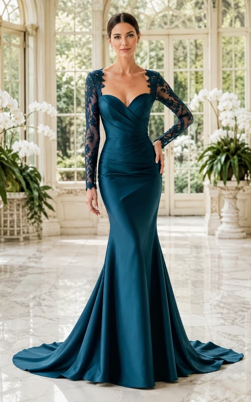 Dunkeltürkisfarbenes Meerjungfrauen-Brautkleid mit langen Ärmeln, Satinspitze und herzförmigem Ausschnitt, bodenlang