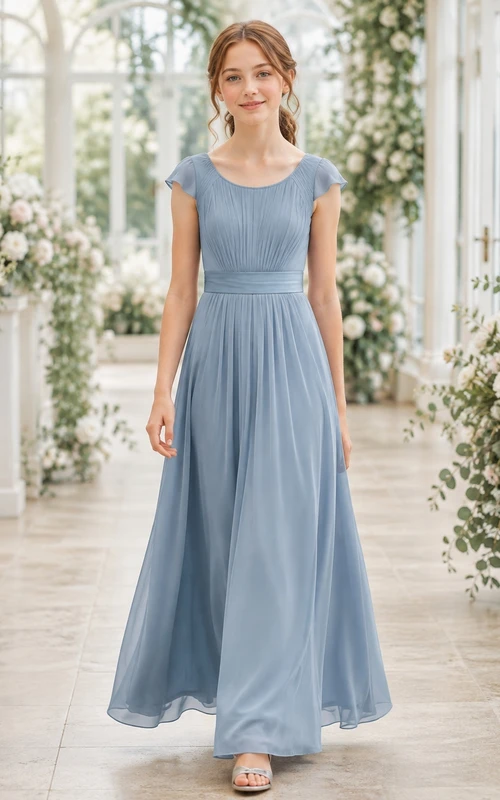 Elegantes, stahlblaues Brautjungfernkleid im A-Linien-Stil mit kurzen Ärmeln und Rundhalsausschnitt.