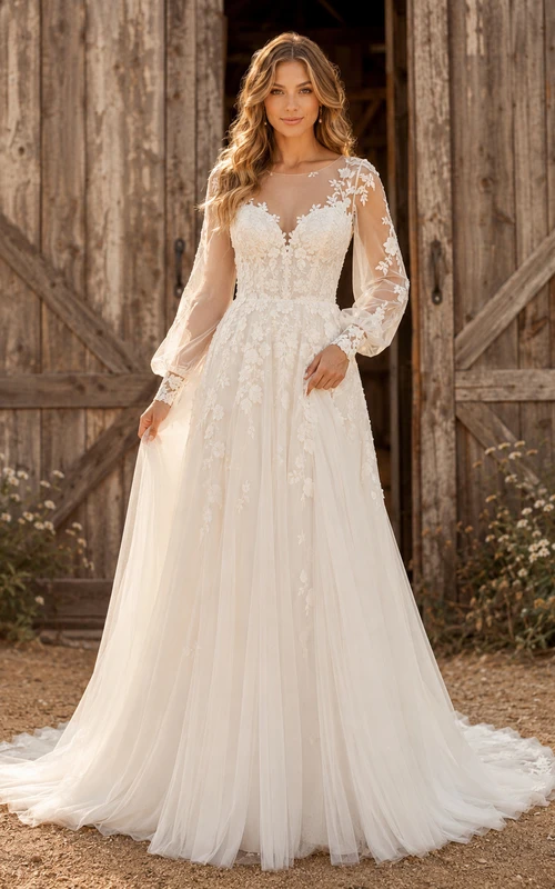 Robe de mariée champêtre en dentelle, coupe trapèze, col en V, manches longues, traîne chapelle