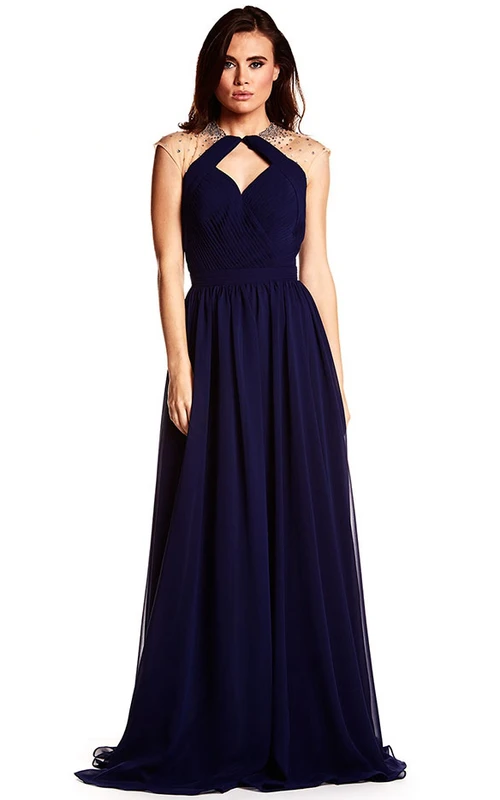 Ärmelloses, hochgeschlossenes, perlenbesetztes Chiffon-Abendkleid mit Schlüssellochausschnitt