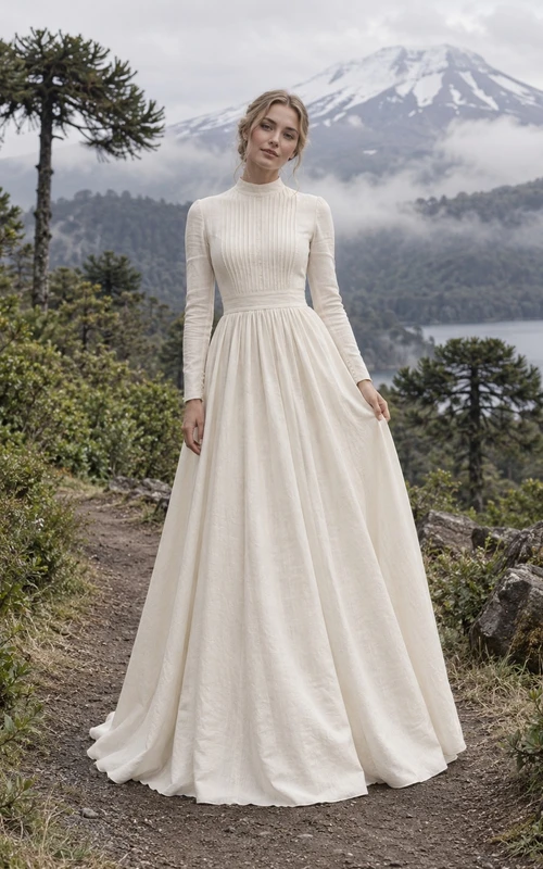 Vestido de novia sencillo y discreto de manga larga y cuello alto, confeccionado en lino, con pliegues y cierre de botones en la espalda.
