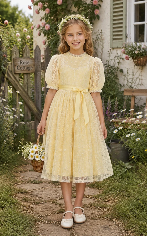 Narzissenfarbenes Boho-Blumenmädchenkleid in Teelänge, A-Linie, aus Spitze mit Schleifenschärpe
