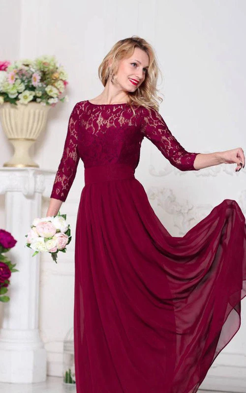 Robe longue plissée en mousseline de soie à manches 3-4 et dentelle bateau