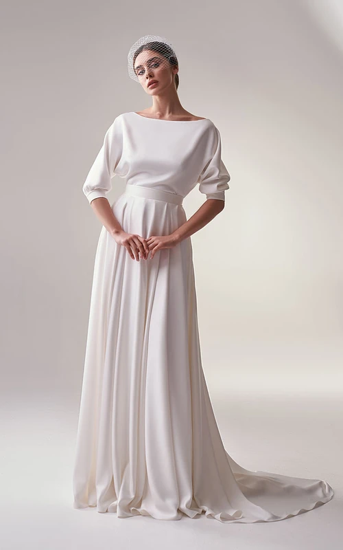 Robe de mariée modeste en mousseline à col rond et manches courtes