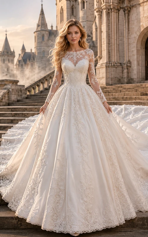 Vestido de novia de encaje y tul, estilo princesa, escote corazón, manga larga, cola larga, espalda en V baja.