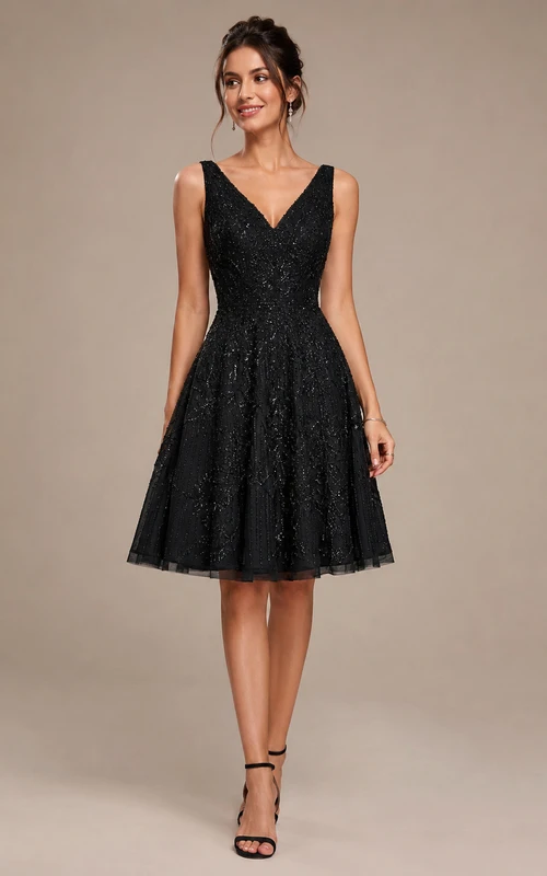 Short A-Line Knee-Length V-Neck Lace Homecoming Dress with Lace