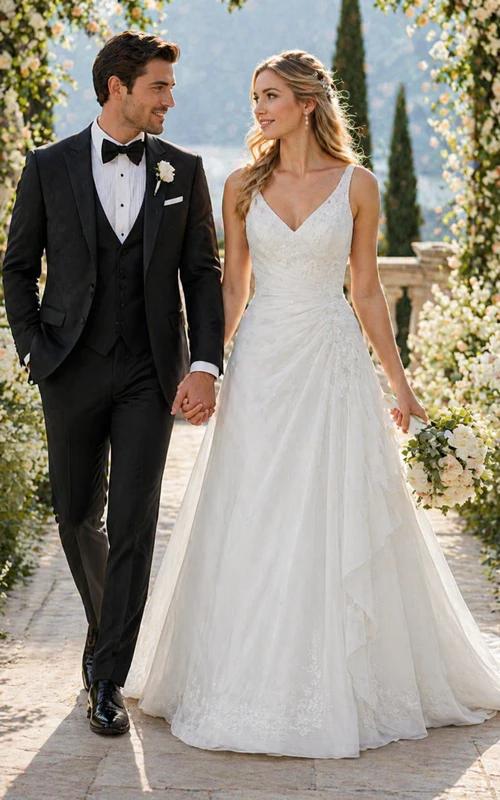 V-Neck A-Line Wedding Dress Lace Applique Chiffon Bridal Gown with Ruched Bodice and Train